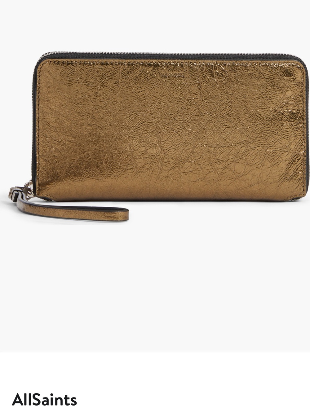 AllSaints Metallic Gold Zip-Around Wristlet Wallet